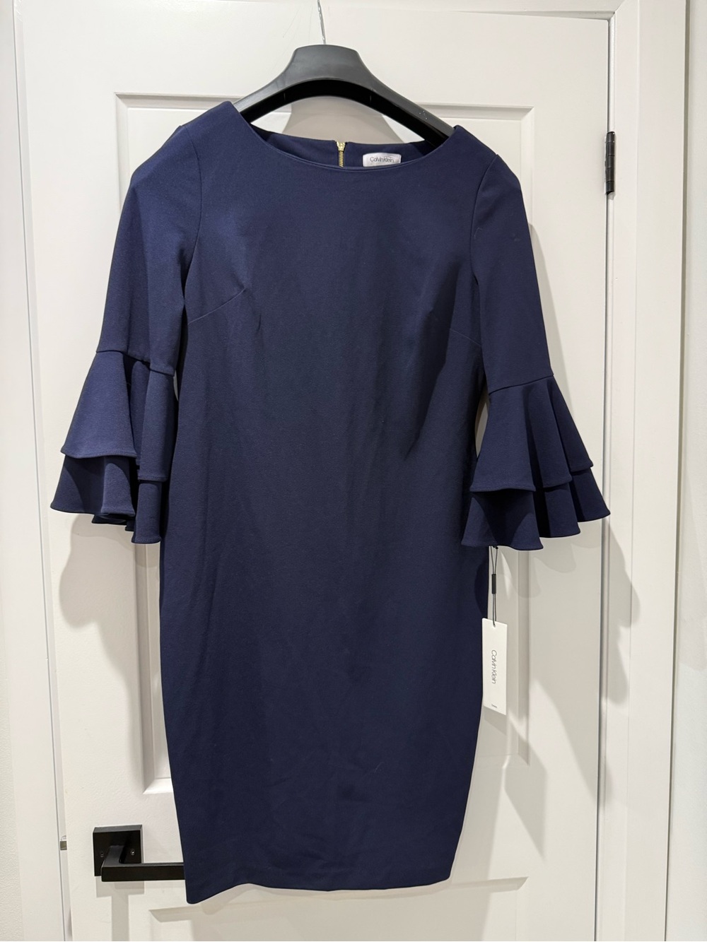 Calvin Klein Navy Ruffle Sleeve Midi Sheath Dress